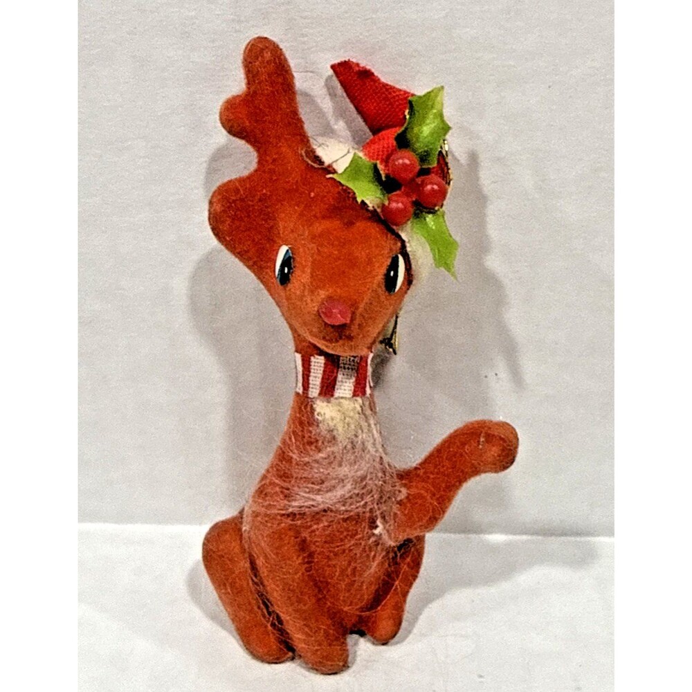 Vintage Christmas Red Flocked Reindeer Figure Ornament Holly Santa Hat